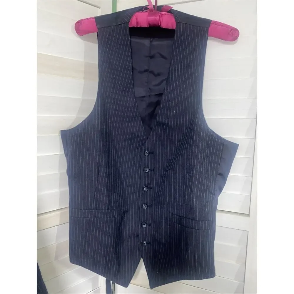 Botany 500 Vintage 50s 60s 3 Piece Pinstriped Dark Navy Wool Suit 42R 36x31